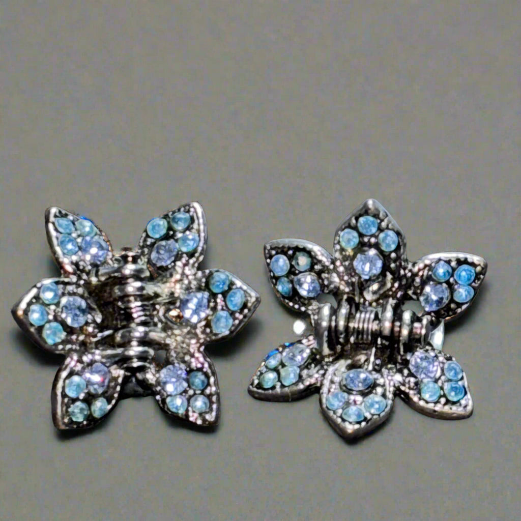 Hair Clips - Set of 2 - Flower shaped with Blue Rhinestones