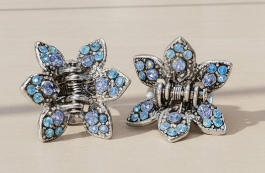 Hair Clips - Set of 2 - Flower shaped with Blue Rhinestones
