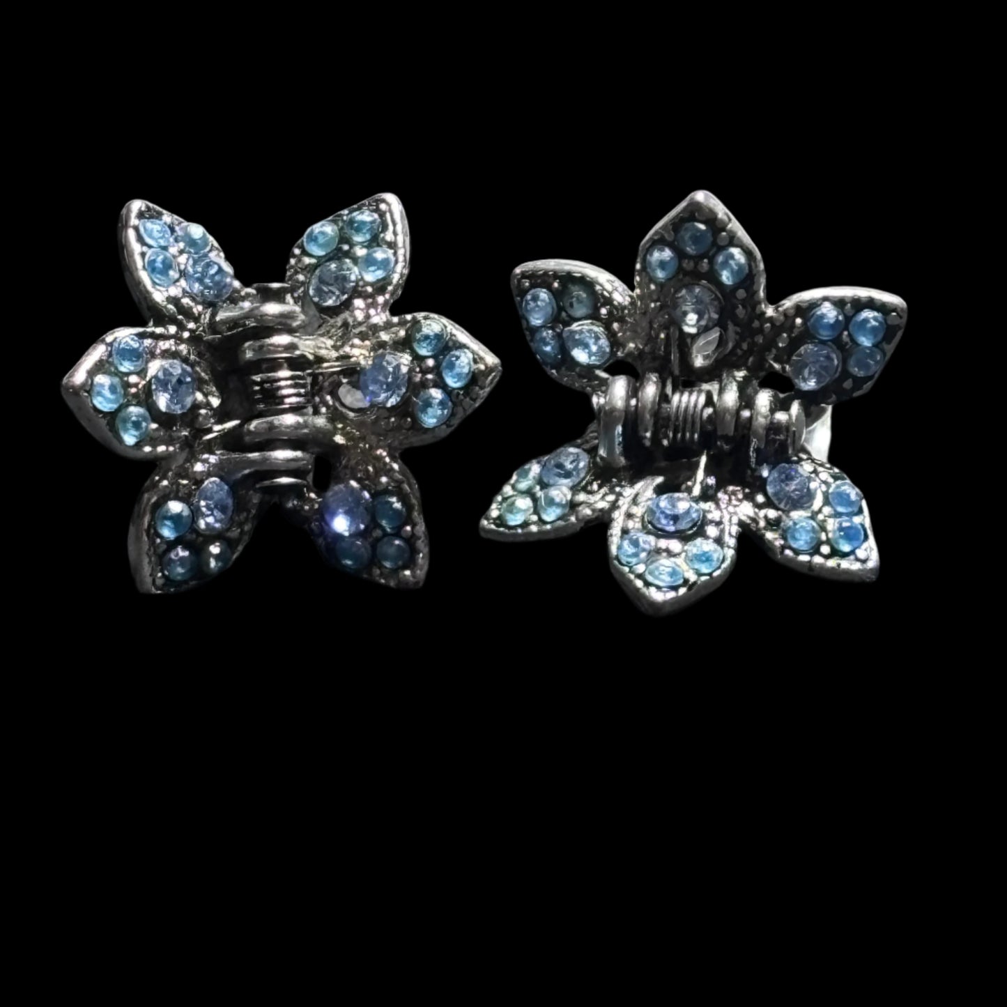 Hair Clips - Set of 2 - Flower shaped with Blue Rhinestones