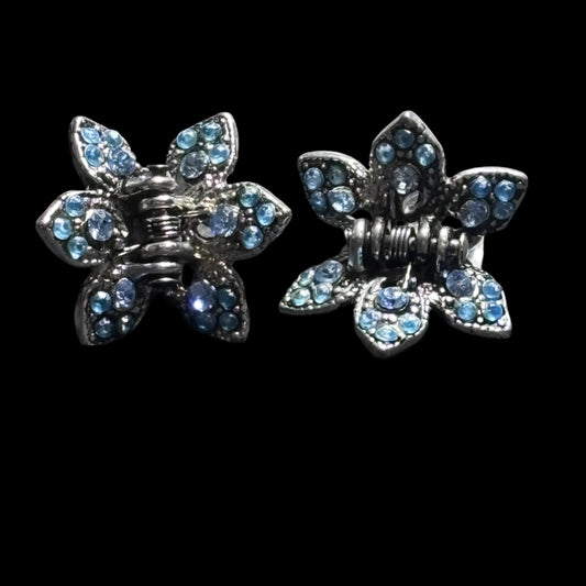 Hair Clips - Set of 2 - Flower shaped with Blue Rhinestones