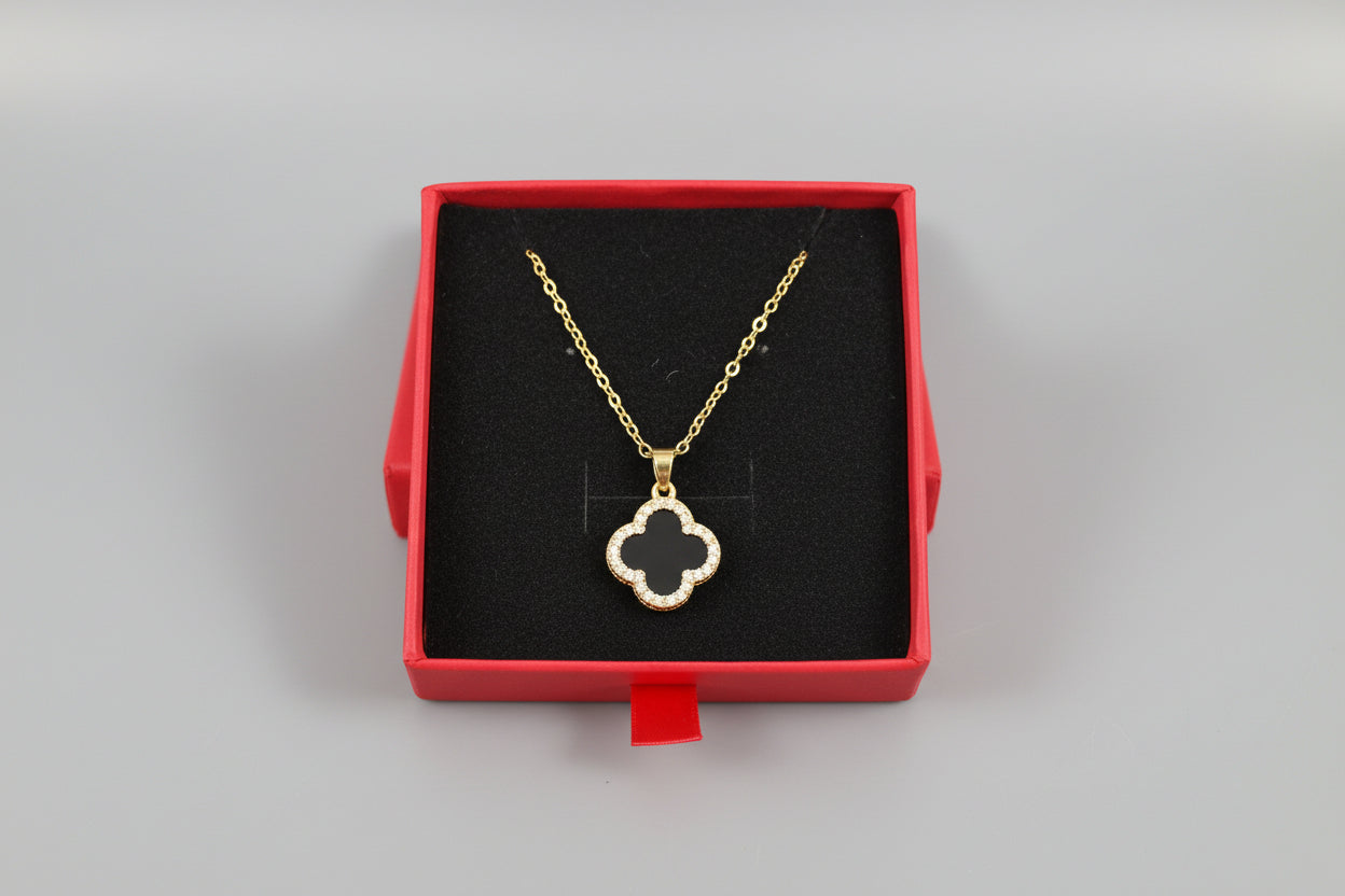 Necklace - Elegant Gold-Tone Black Clover Pendant