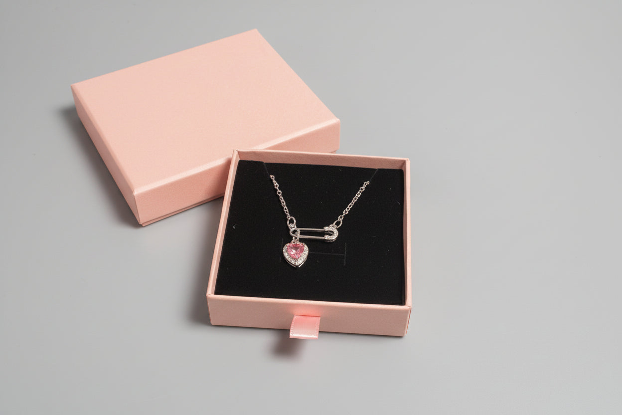 Necklace - Pink Dangle Heart Charm with Sparkly Safety Pin Pendant