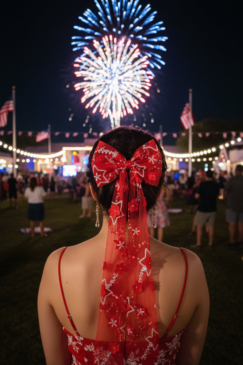 Hair Bow - Oh My Stars - Red Tulle Bow and White Sequins Stars