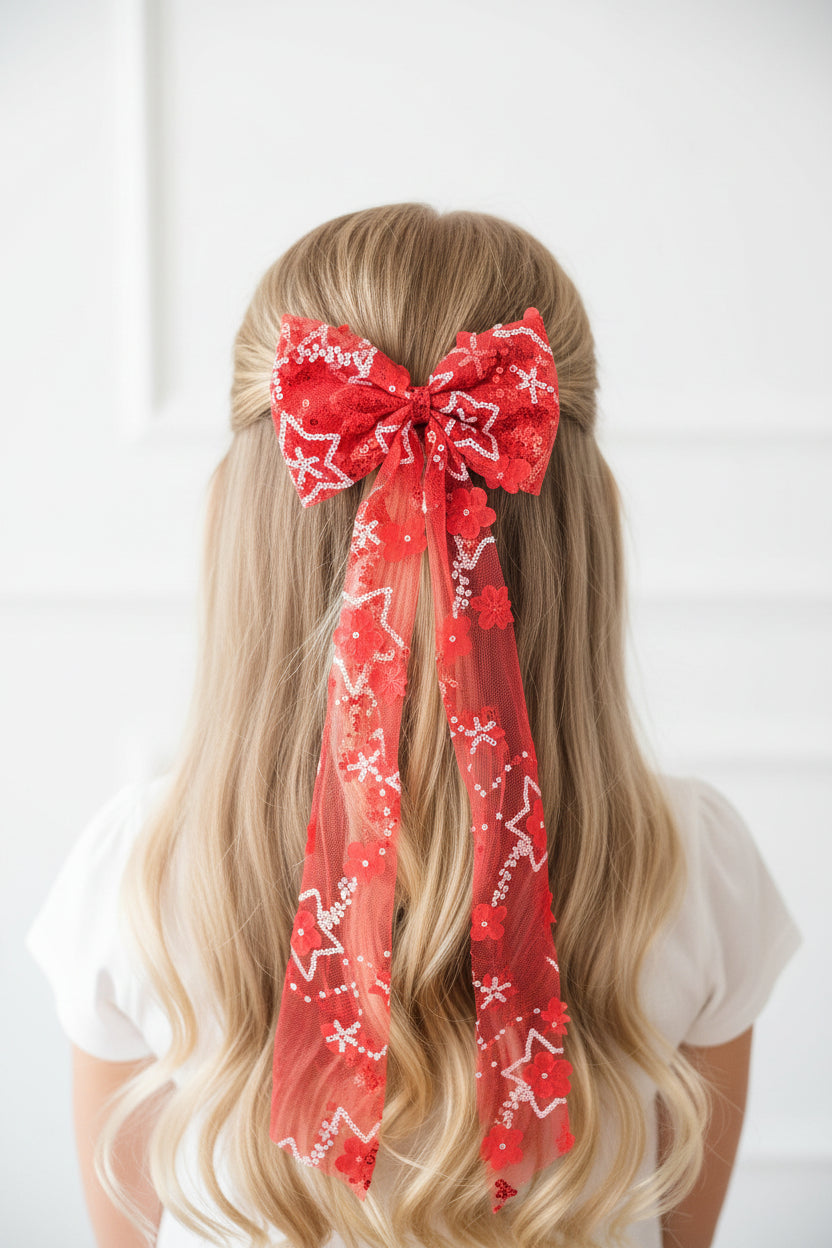Hair Bow - Oh My Stars - Red Tulle Bow and White Sequins Stars