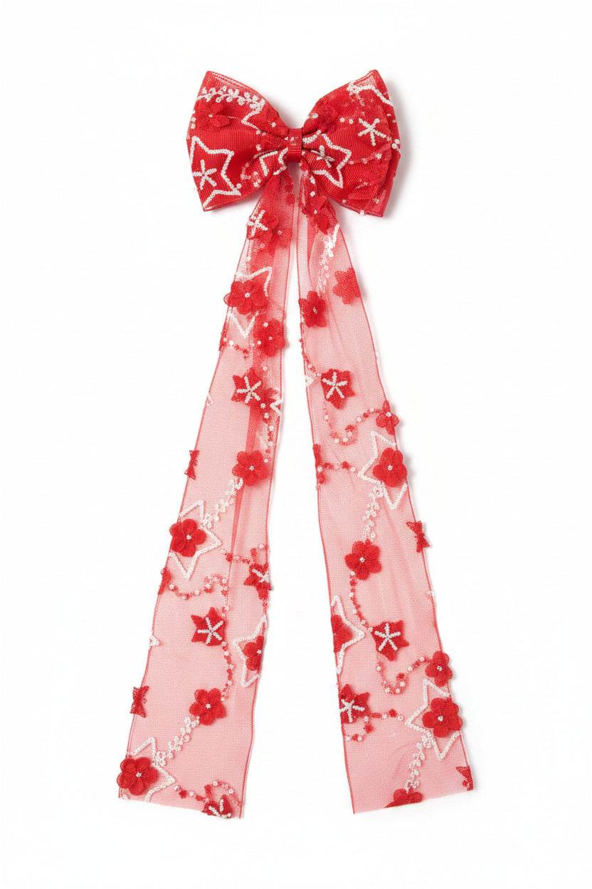 Hair Bow - Oh My Stars - Red Tulle Bow and White Sequins Stars