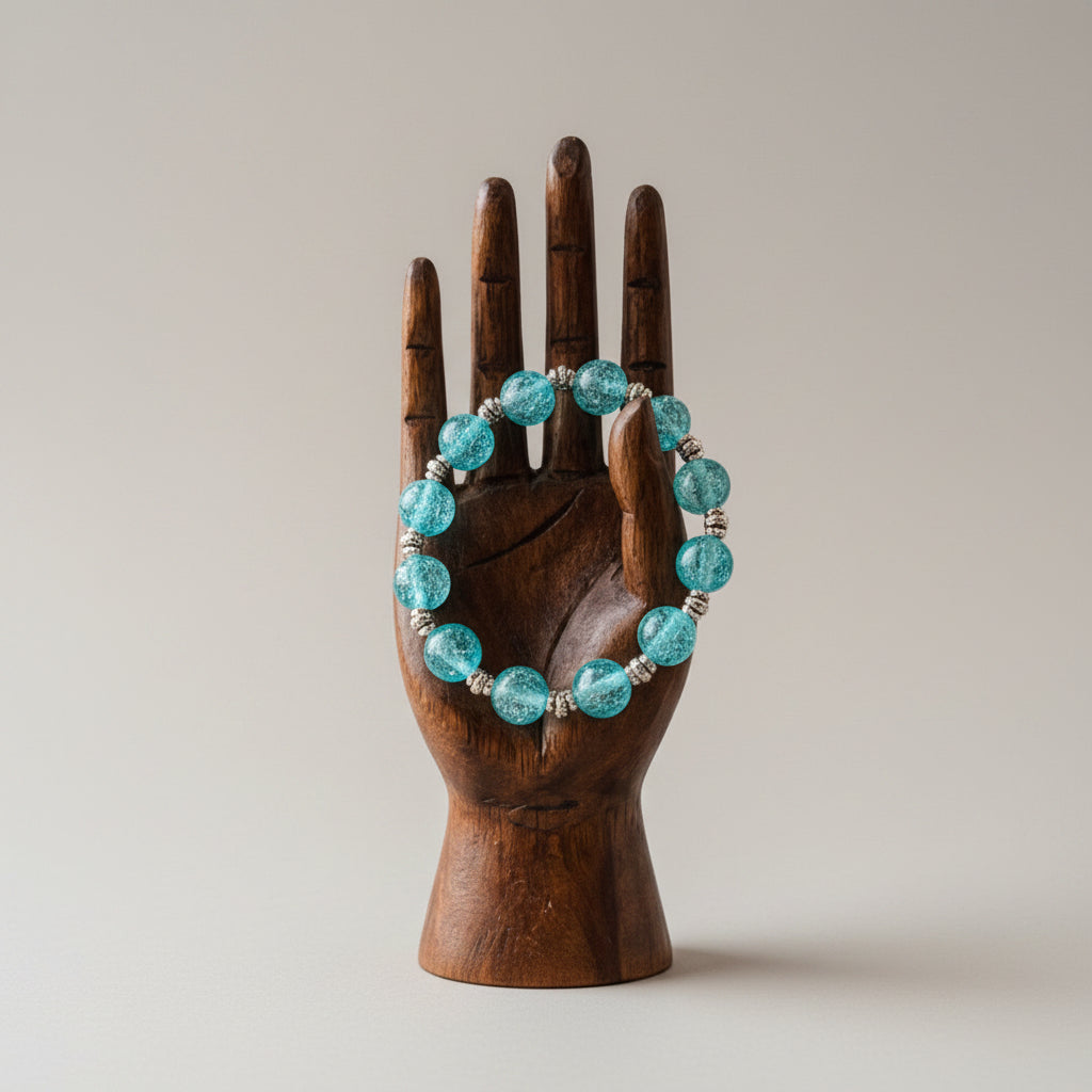 Bracelet - Stretch - Blue Glass Beads with Silver Tone Flower Spacer Beads