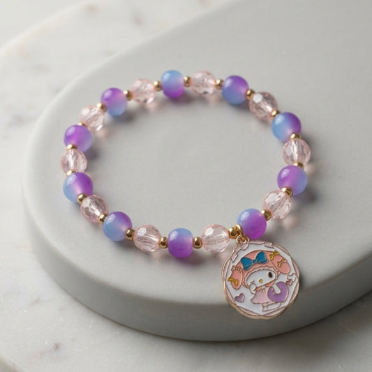 Bracelet - Stretch - Purple Pink Beads & Gold Spacer Beads & a My Melody Charm