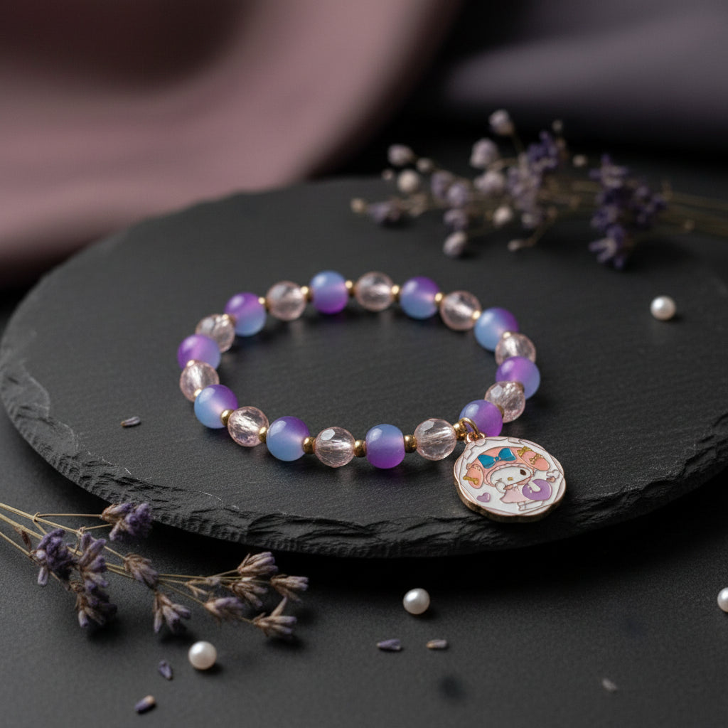Bracelet - Stretch - Purple Pink Beads & Gold Spacer Beads & a My Melody Charm