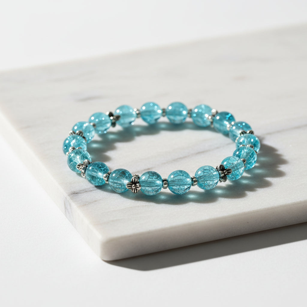 Bracelet - Stretch - Blue Glass Beads with Silver Tone Flower Spacer Beads
