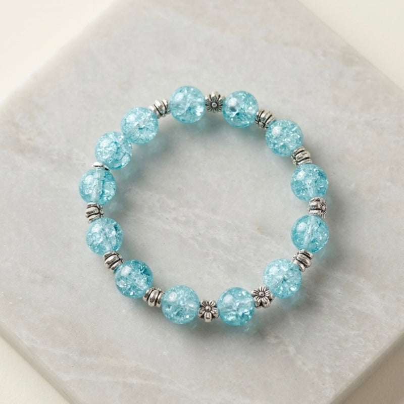 Bracelet - Stretch - Blue Glass Beads with Silver Tone Flower Spacer Beads