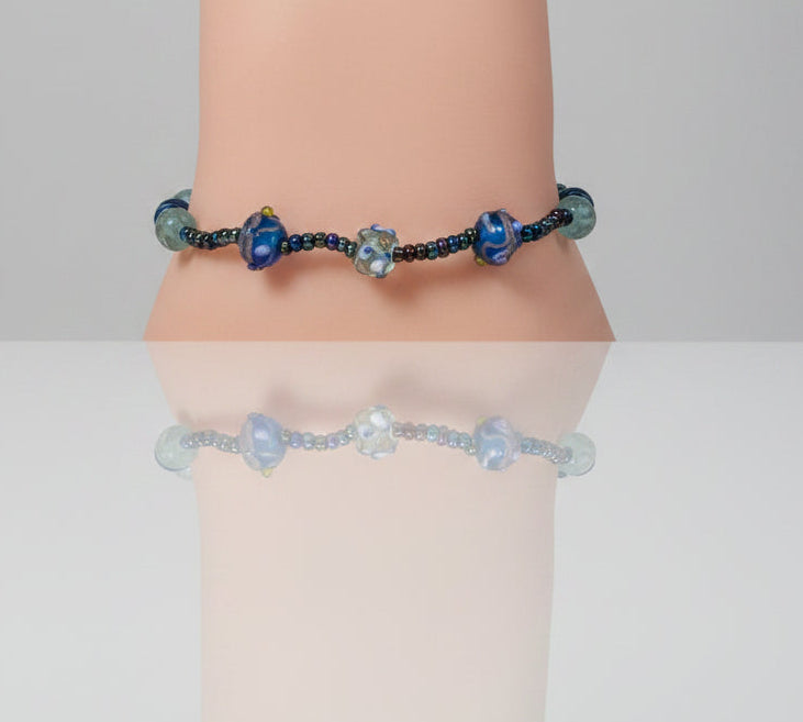Bracelet - Handmade - Deep Cobalt Blue Swirled Glass Beads with Faceted Accent Beads