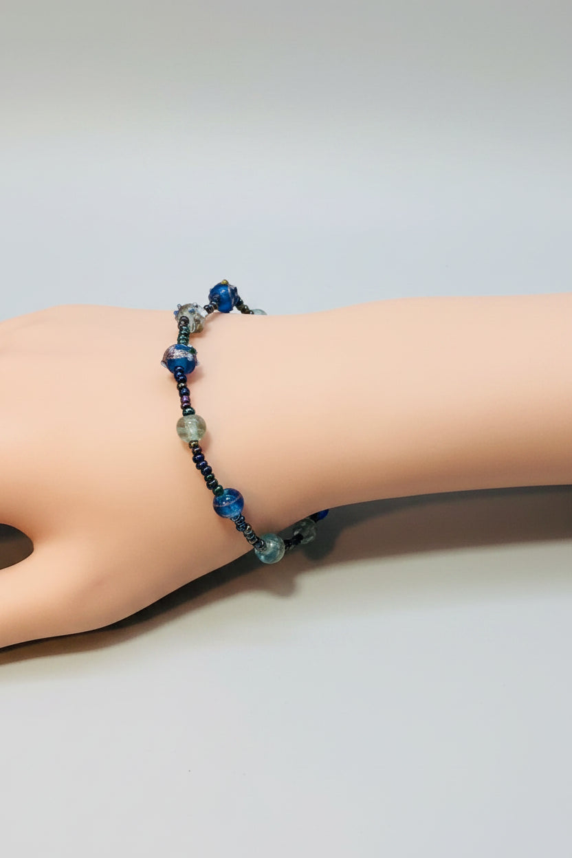 Bracelet - Handmade - Deep Cobalt Blue Swirled Glass Beads with Faceted Accent Beads