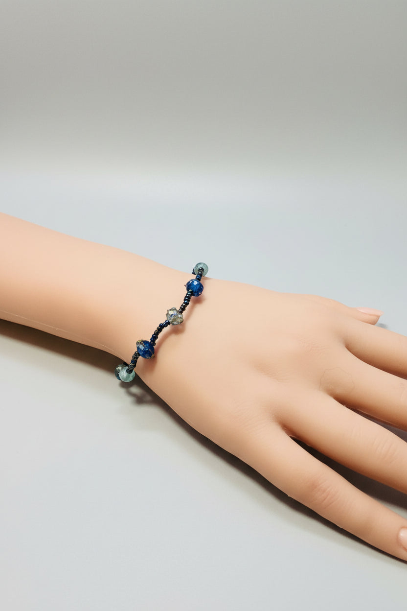 Bracelet - Handmade - Deep Cobalt Blue Swirled Glass Beads with Faceted Accent Beads