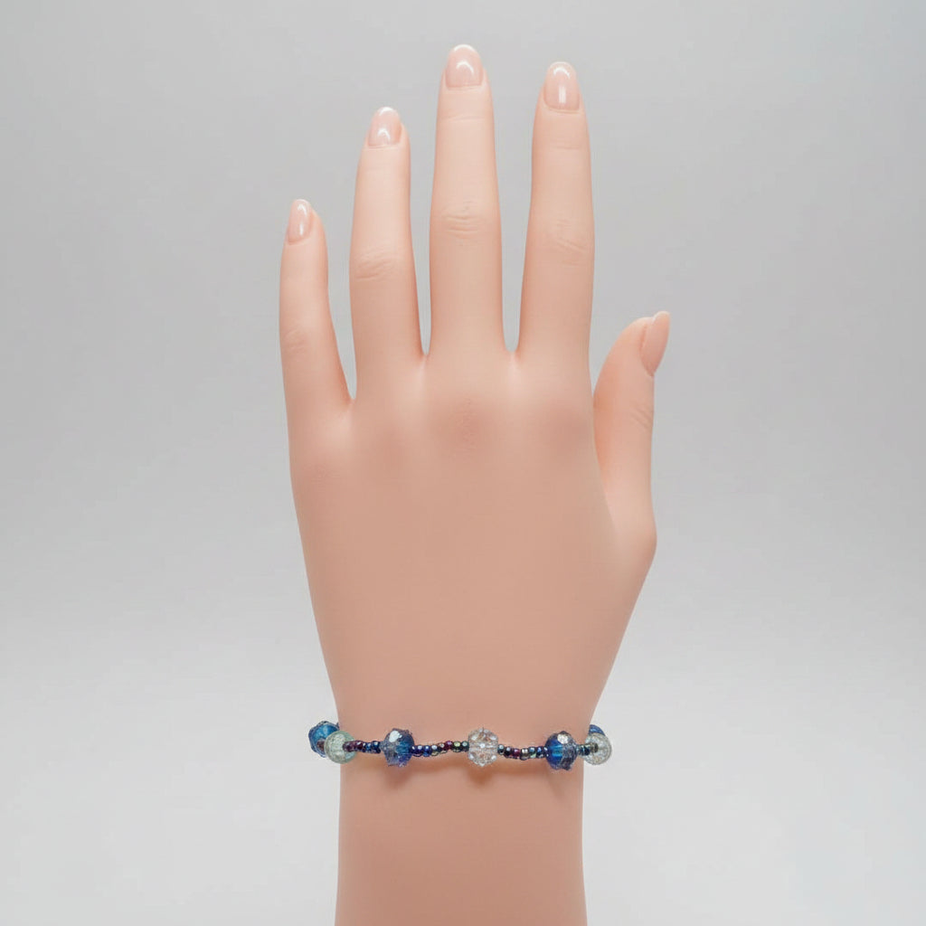 Bracelet - Handmade - Deep Cobalt Blue Swirled Glass Beads with Faceted Accent Beads