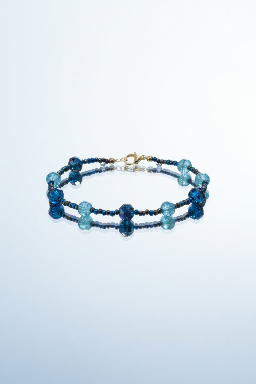Bracelet - Handmade - Deep Cobalt Blue Swirled Glass Beads with Faceted Accent Beads