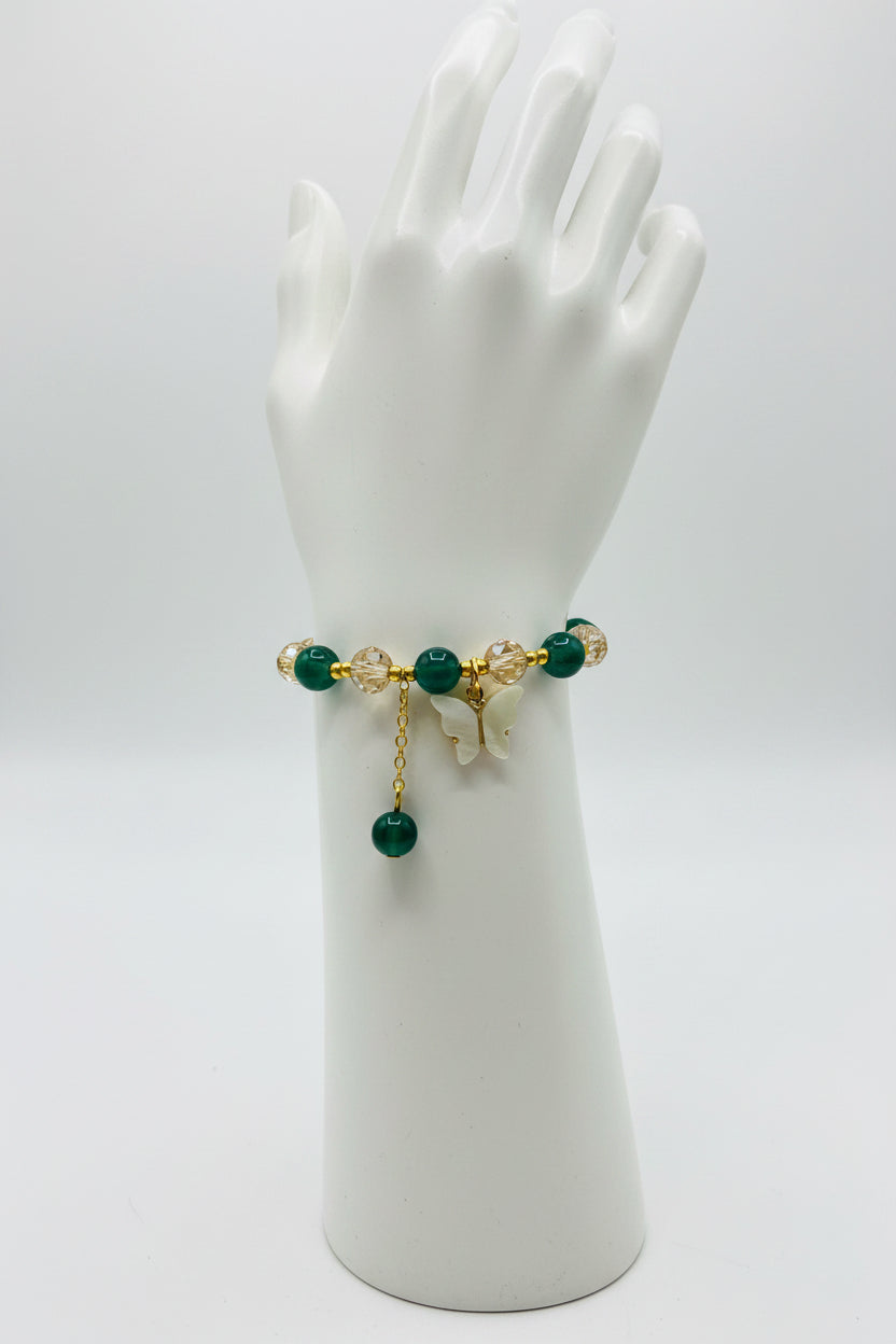 Bracelet - Stretch - Green and Champagne Beads & Gold Spacer Beads & Butterfly Charm