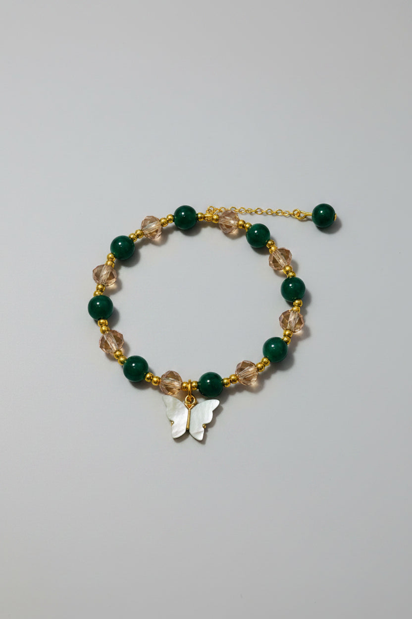 Bracelet - Stretch - Green and Champagne Beads & Gold Spacer Beads & Butterfly Charm