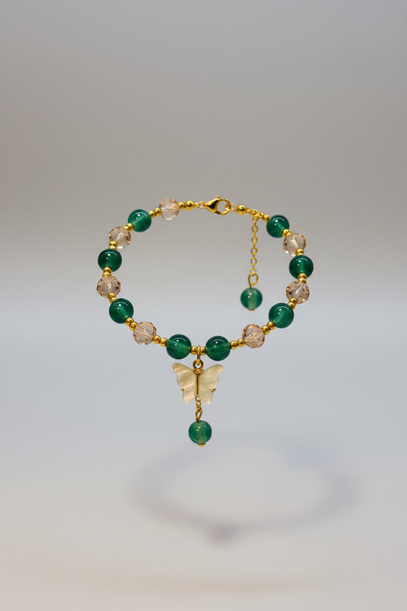 Bracelet - Stretch - Green and Champagne Beads & Gold Spacer Beads & Butterfly Charm