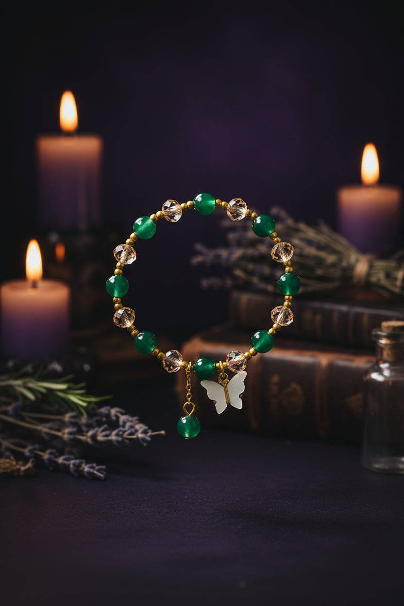 Bracelet - Stretch - Green and Champagne Beads & Gold Spacer Beads & Butterfly Charm