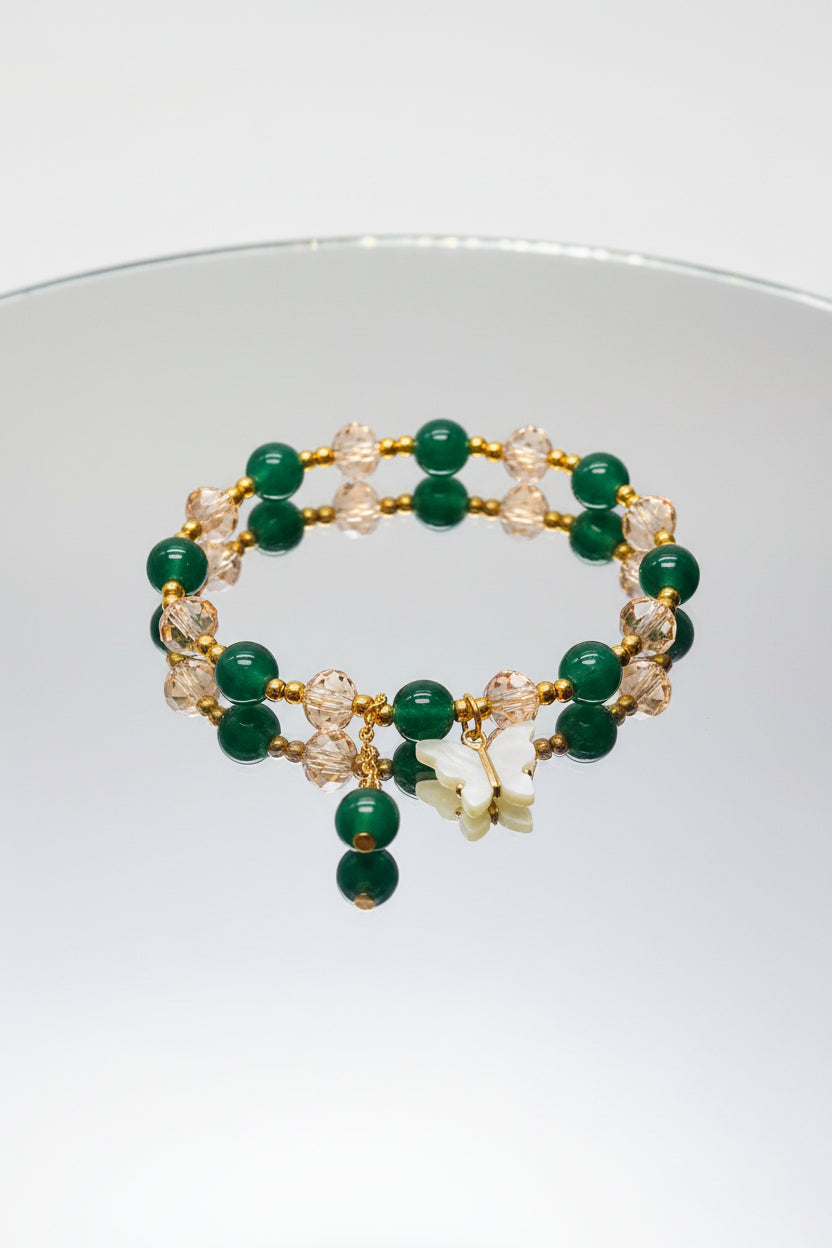 Bracelet - Stretch - Green and Champagne Beads & Gold Spacer Beads & Butterfly Charm