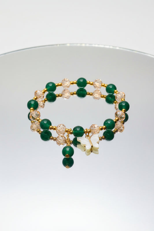 Bracelet - Stretch - Green and Champagne Beads & Gold Spacer Beads & Butterfly Charm