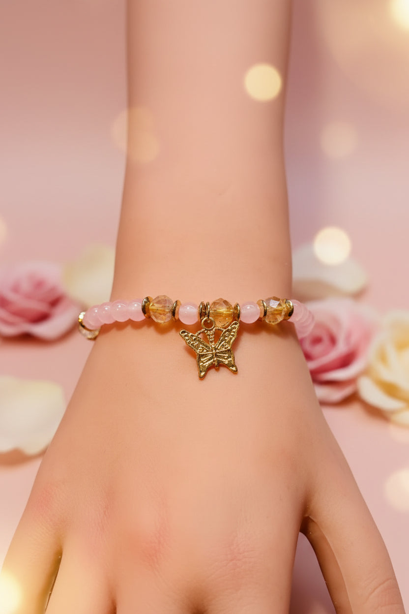 Bracelet - Stretch - Pink & Champagne Beads - Butterfly Charm