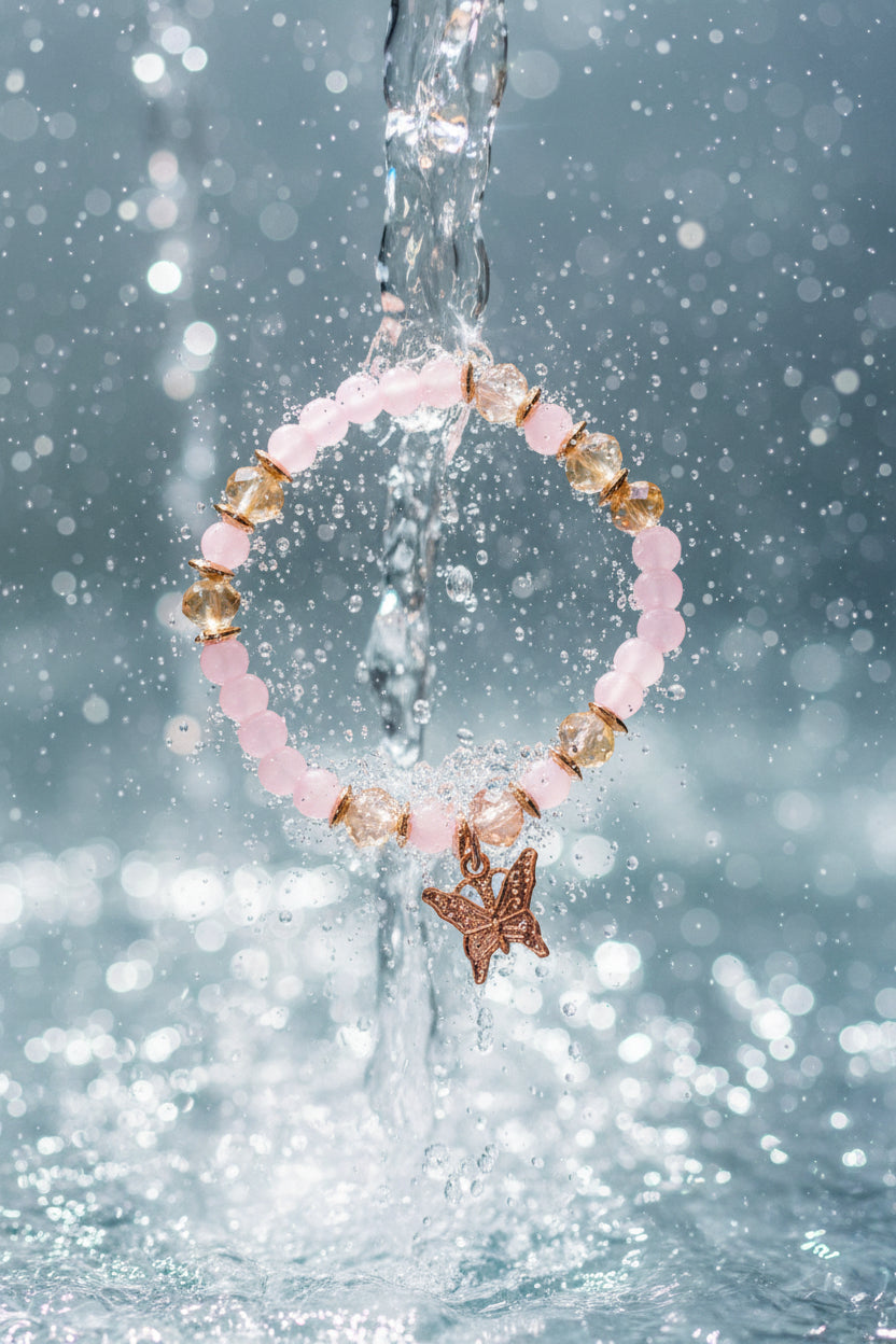 Bracelet - Stretch - Pink & Champagne Beads - Butterfly Charm