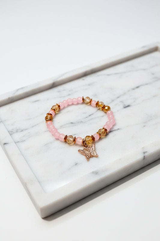 Bracelet - Stretch - Pink & Champagne Beads - Butterfly Charm