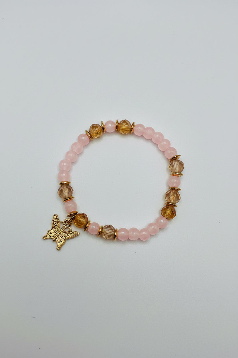 Bracelet - Stretch - Pink & Champagne Beads - Butterfly Charm