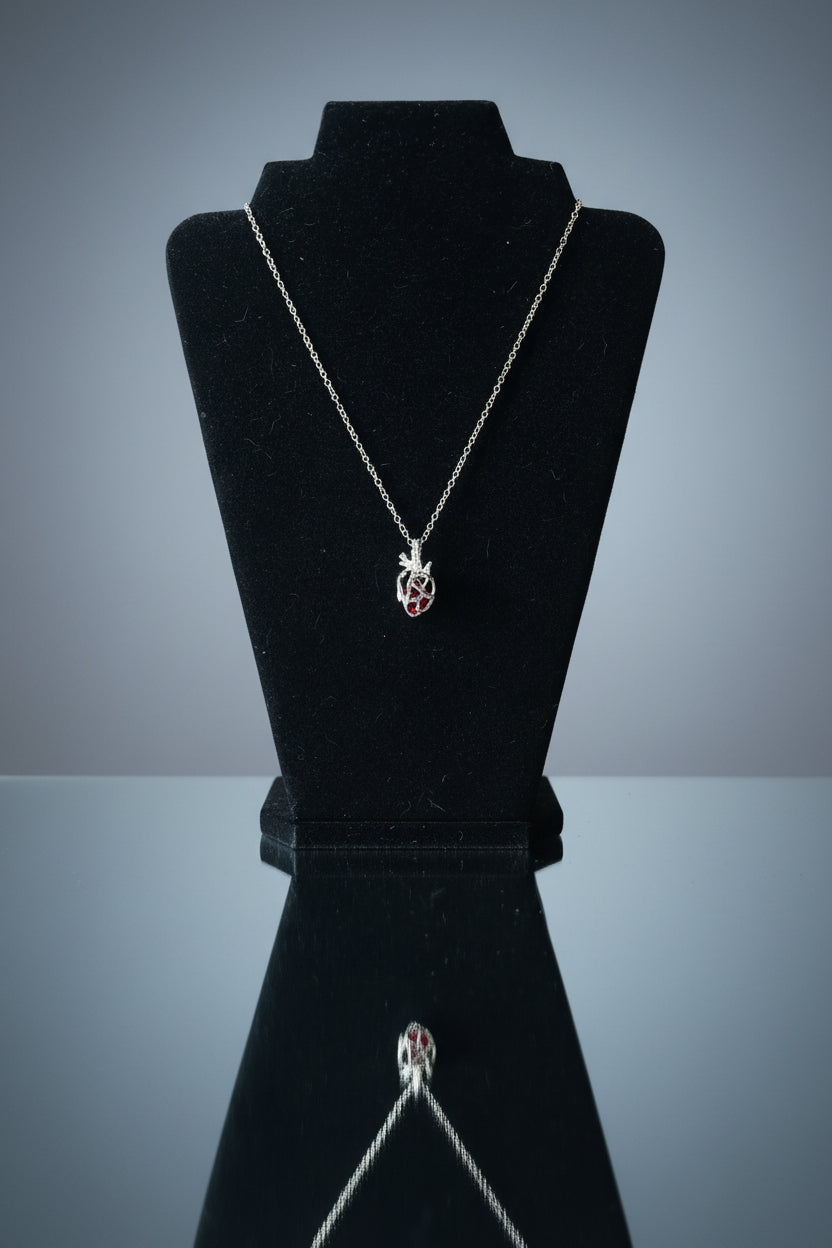 Necklace - Anatomical Silver Tone Heart Pendant with 3D Red Stone Inside Cage