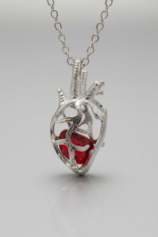 Necklace - Anatomical Silver Tone Heart Pendant with 3D Red Stone Inside Cage