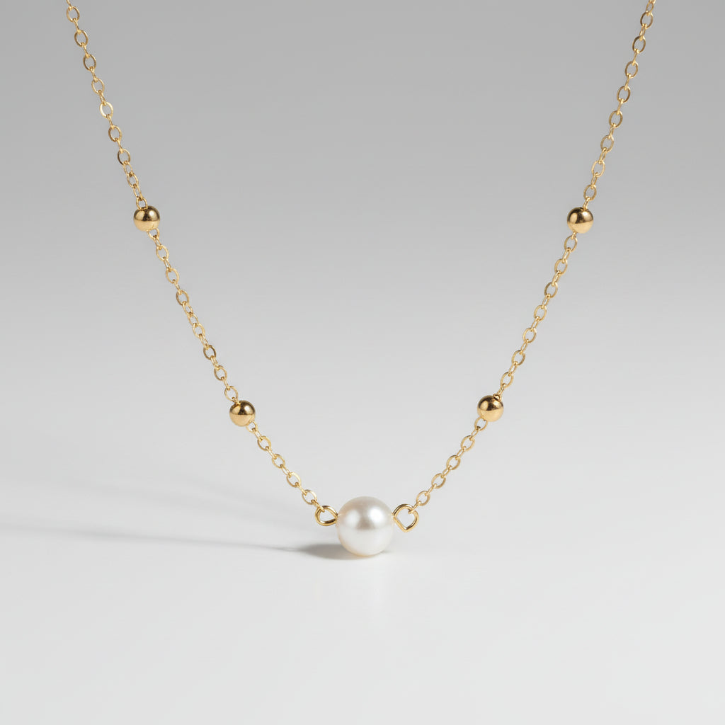 Necklace - Dainty Gold-Tone Chain with Small Bead Accents & a Single Faux Pearl Drop