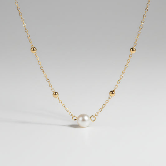 Necklace - Dainty Gold-Tone Chain with Small Bead Accents & a Single Faux Pearl Drop