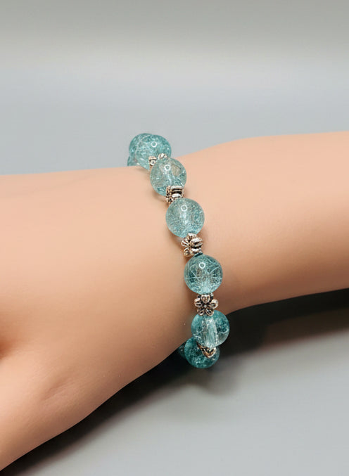 Bracelet - Stretch - Blue Glass Beads with Silver Tone Flower Spacer Beads