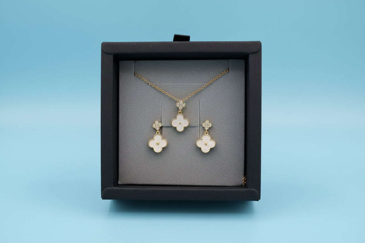 Necklace & Earring Set - Four Leaf Clover Mother of Pearl