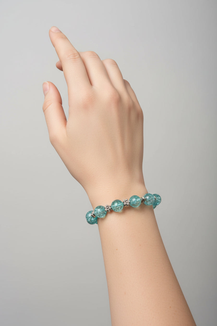Bracelet - Stretch - Blue Glass Beads with Silver Tone Flower Spacer Beads