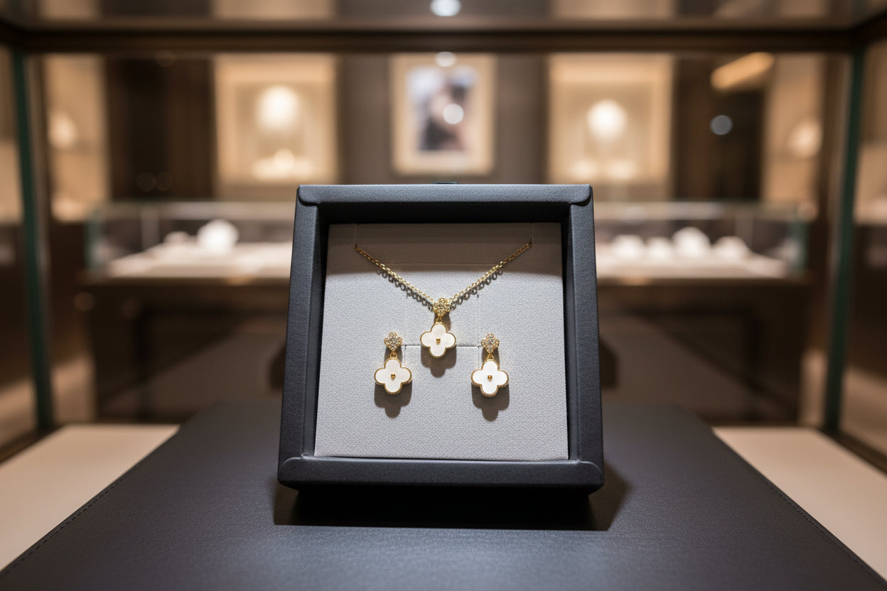 Necklace & Earring Set - Four Leaf Clover Mother of Pearl