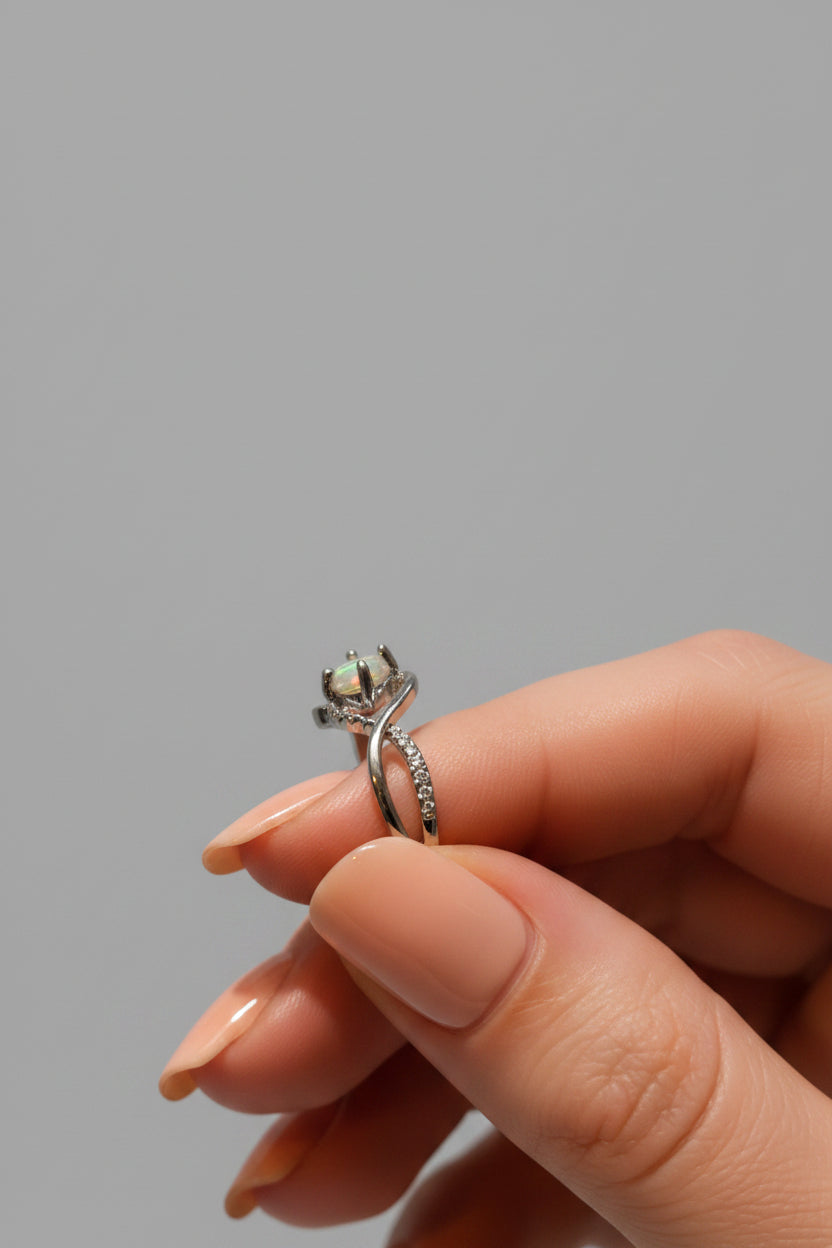 Ring - Silver Tone - Infinity Style Opal Stone - Size 6
