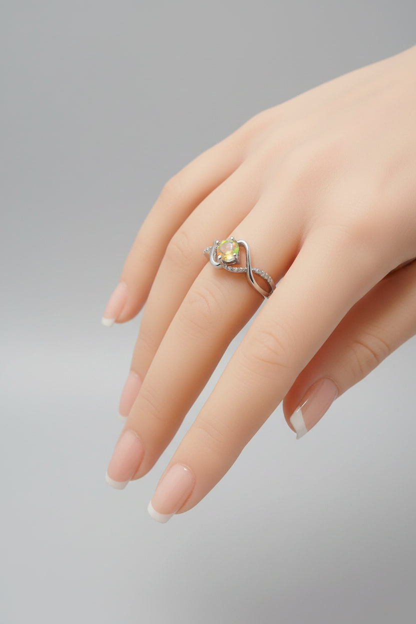 Ring - Silver Tone - Infinity Style Opal Stone - Size 6