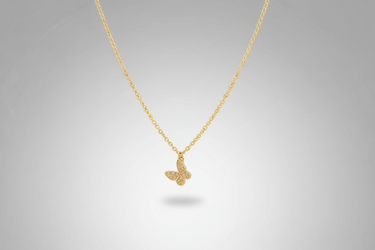 Necklace - Gold Tone Rhinestone Butterfly Pendant
