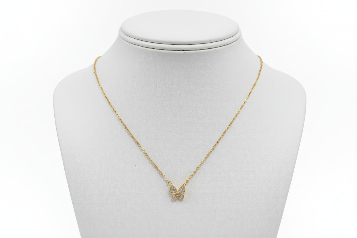 Necklace - Gold Tone Rhinestone Butterfly Pendant