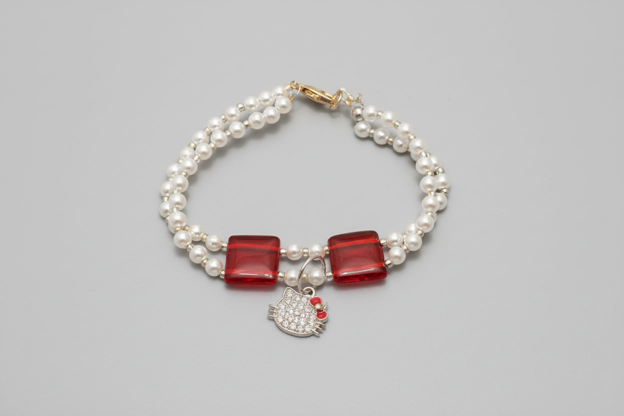 Handmade - Hello Kitty - Double Stranded Faux Pearl Bracelet