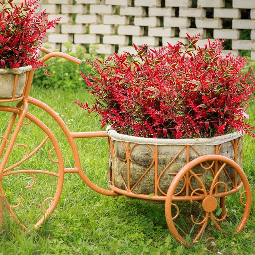 Artificial Flowers- Red Lavenders - Faux Plastic - Greenery Shrubs - 8 Bundle