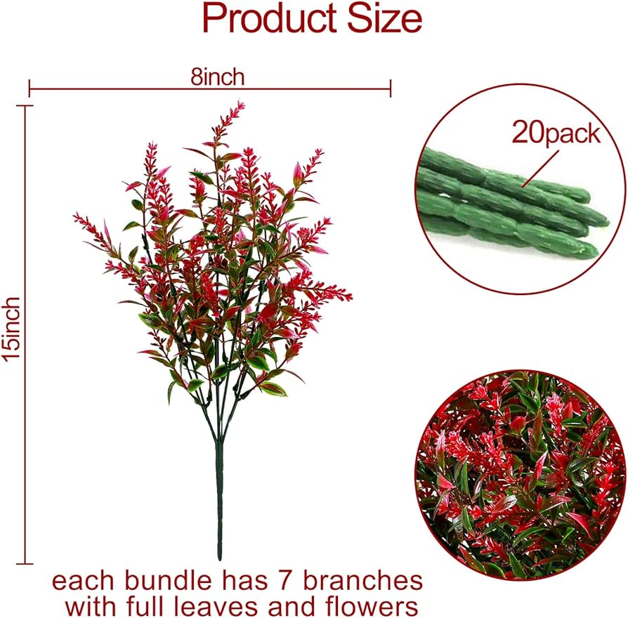 Artificial Flowers- Red Lavenders - Faux Plastic - Greenery Shrubs - 8 Bundle