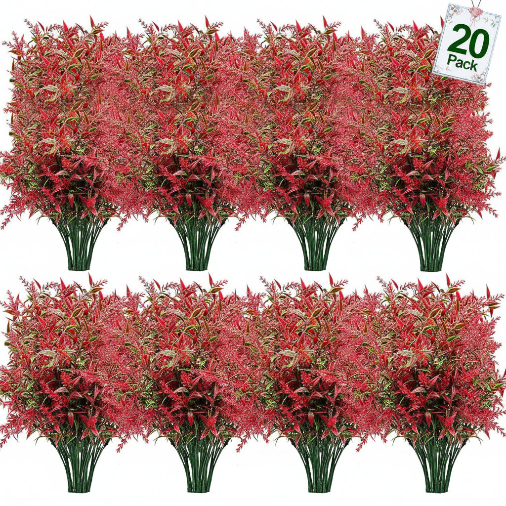 Artificial Flowers- Red Lavenders - Faux Plastic - Greenery Shrubs - 8 Bundle