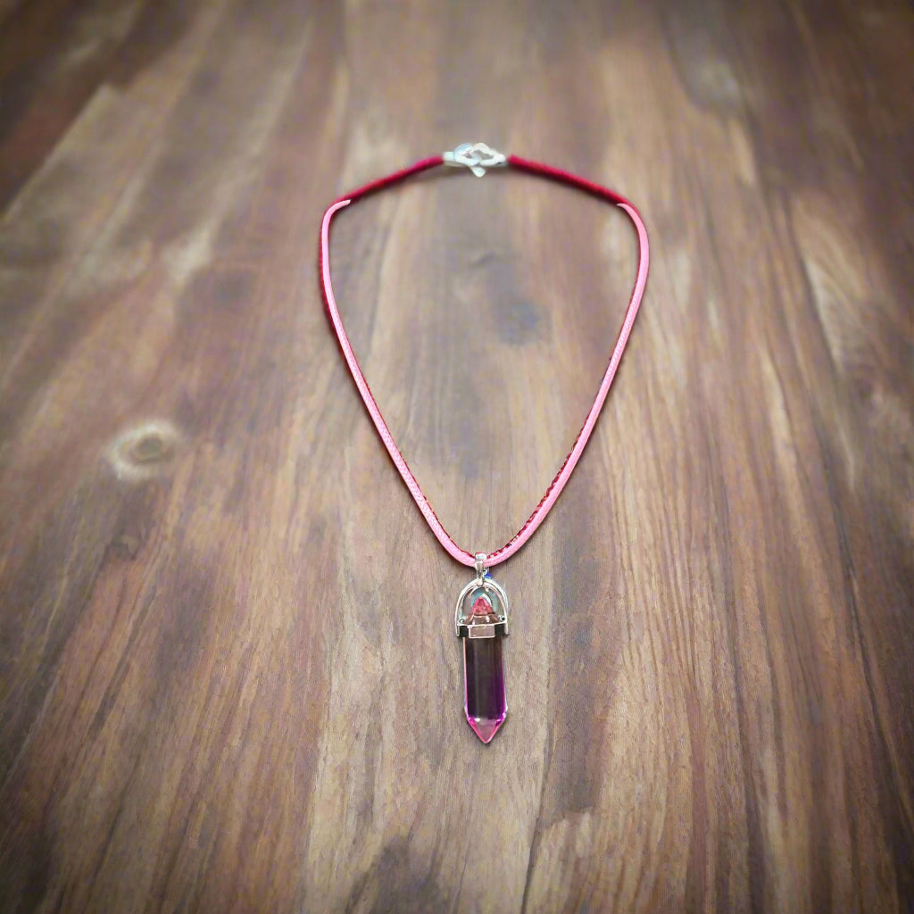 Necklace - Gradient Pink Crystal Pendant with Pink Cord