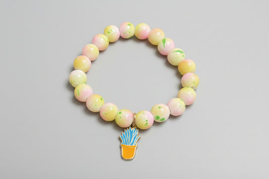 Bracelet - Yellow Glass Beaded with Planter Charm - #1044
