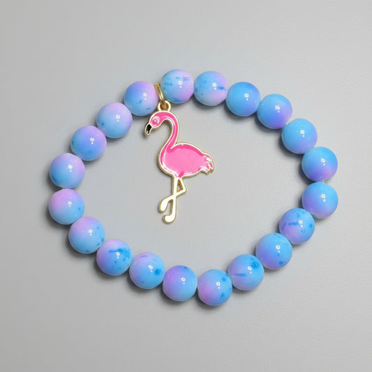 Bracelet - Stretch Blue & Pink Glass Beads with Flamingo Charm - #1045