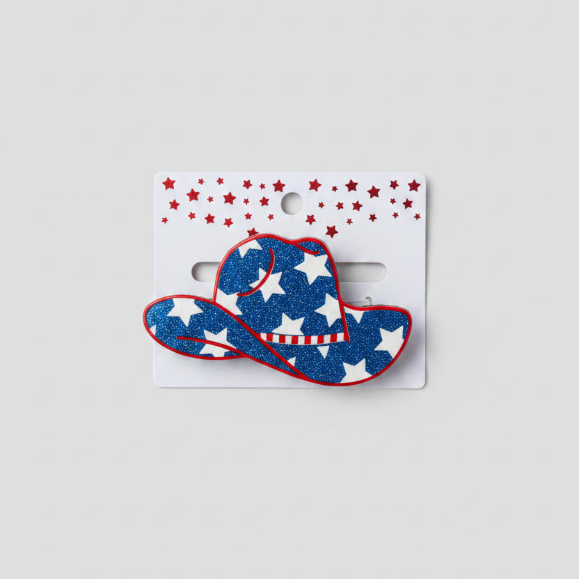 Claw Clip - Oh My Stars - Western Hat with Blue Glitter and White Stars