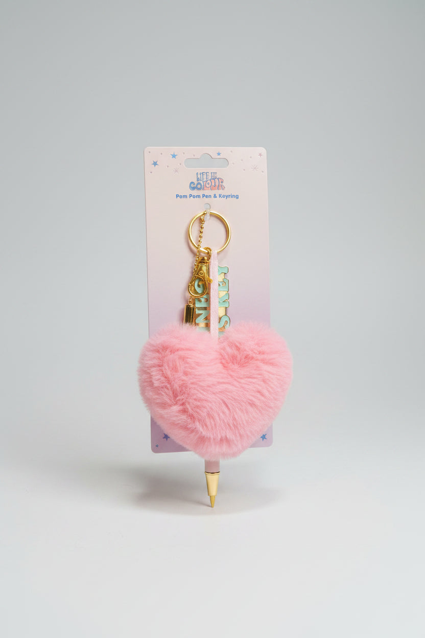 Key Ring - Pink Heart Pom Pom and Pen
